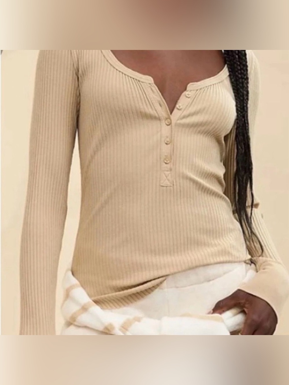 Aerie Henley T-Shirt Womens XL Beige Ribbed Long Sleeve Layering Stretch Casual